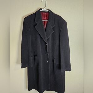 Vintagw Cashmere And Wool Classic Black Overcoat with Red Lining